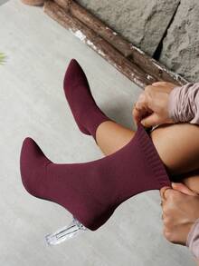 Botines de mujer de punto marrón con tacón alto/Tacón metálico grueso/Punta cuadrada/Diseño de calcetín elástico/Moda de otoño e invierno/Para fiesta y oficina. Botines de mujer de calcetín elástico con tacón alto/Marrón/Tacón metálico grueso/Punta cuadrada/Ajuste cómodo/Versátil para todas las estaciones