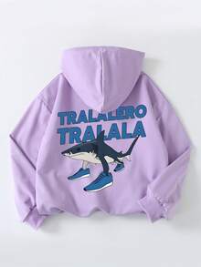 Tween Boy Casual Simple Shark Print Sweatshirt Boys Long Sleeve Sweatshirt Autumn And Winter Student Style - Mauve Purple - View 2