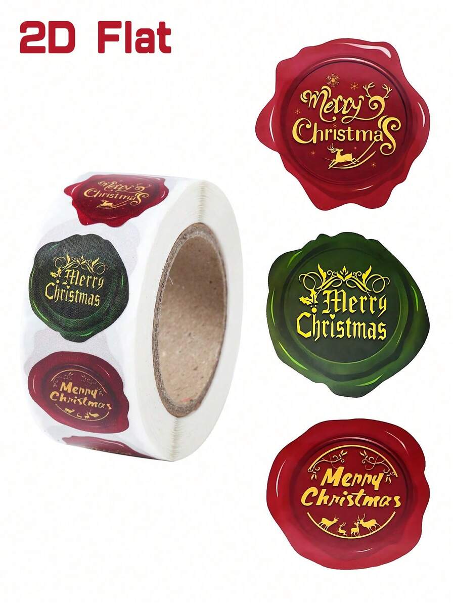 1 Roll/500 Sheets Merry Christmas Stickers Label Stickers, With Embossed Wax Seal Design, Envelope Sticker Labels, Sealing Stickers, Gift Wrapping Scrapbook Stickers, Candy Bag Decoration, Round Party Gift Decoration, Merry Christmas Gift