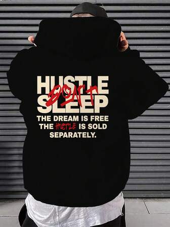 男士 HUSTLE SLEEP 印花休闲长袖抽绳连帽衫，带天鹅绒