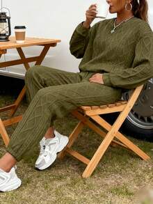 Autumn And Winter European And American Women's Clothing, New Ribbed Jacquard Trousers Casual Two-Piece Suits, Casual And Fashionable, Versatile, The First Choice For Sports And Shopping, Economical And Affordable, Light, Comfortable And Soft, Personalized Niche Design - 軍綠色 - 查看 2