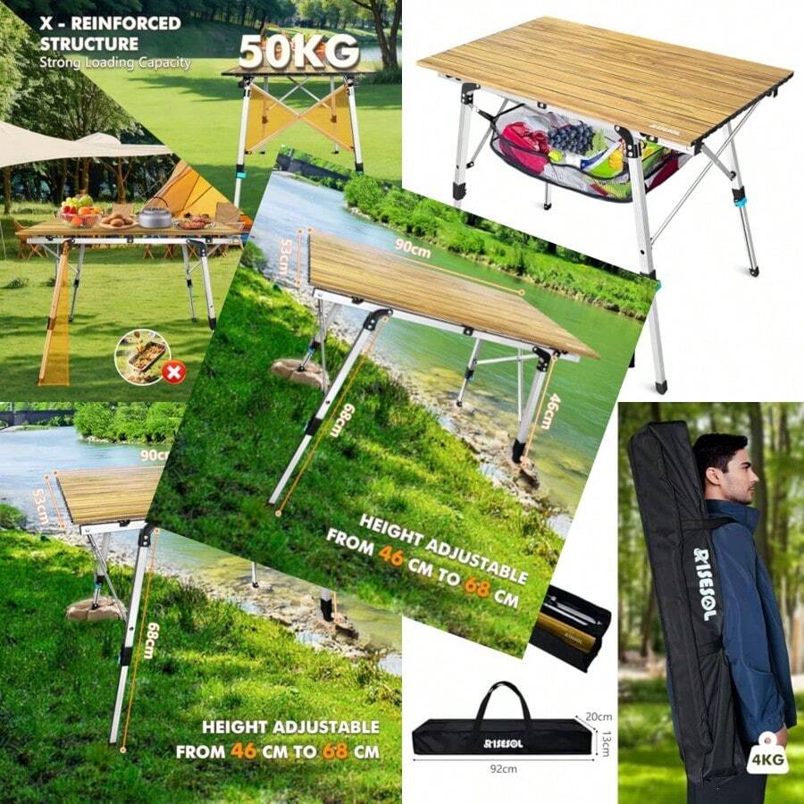 Folding Camping Table Height Adjustable 18-27'' Portable Roll Up Picnic Table With Storage Net Carry Bag Lightweight Aluminum Outdoor Table For RV Travel Beach Fishing BBQ - Woodgrain - View 1