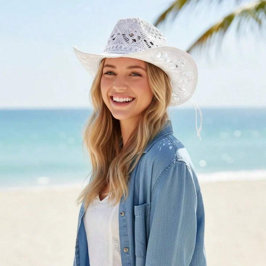 Country Hippie Chic Boho Beach Straw Hat With Adjustable Brim - Plain White - View 1