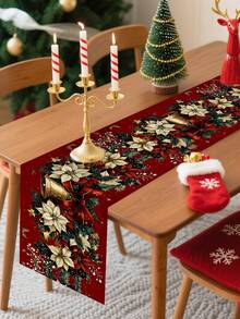 1件红色一品红和金色铃铛圣诞图案涤纶桌旗，节日圣诞风格，100%涤纶长方形桌旗，饰有生动的节日花卉和铃铛图案，抗皱易打理，适用于家庭餐桌装饰、圣诞派对桌面装饰、节日房间装饰 - 彩色 - 查看 9