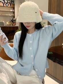 秋冬女士柔软针织宽松开衫，百搭 - 藍色 - 查看 4