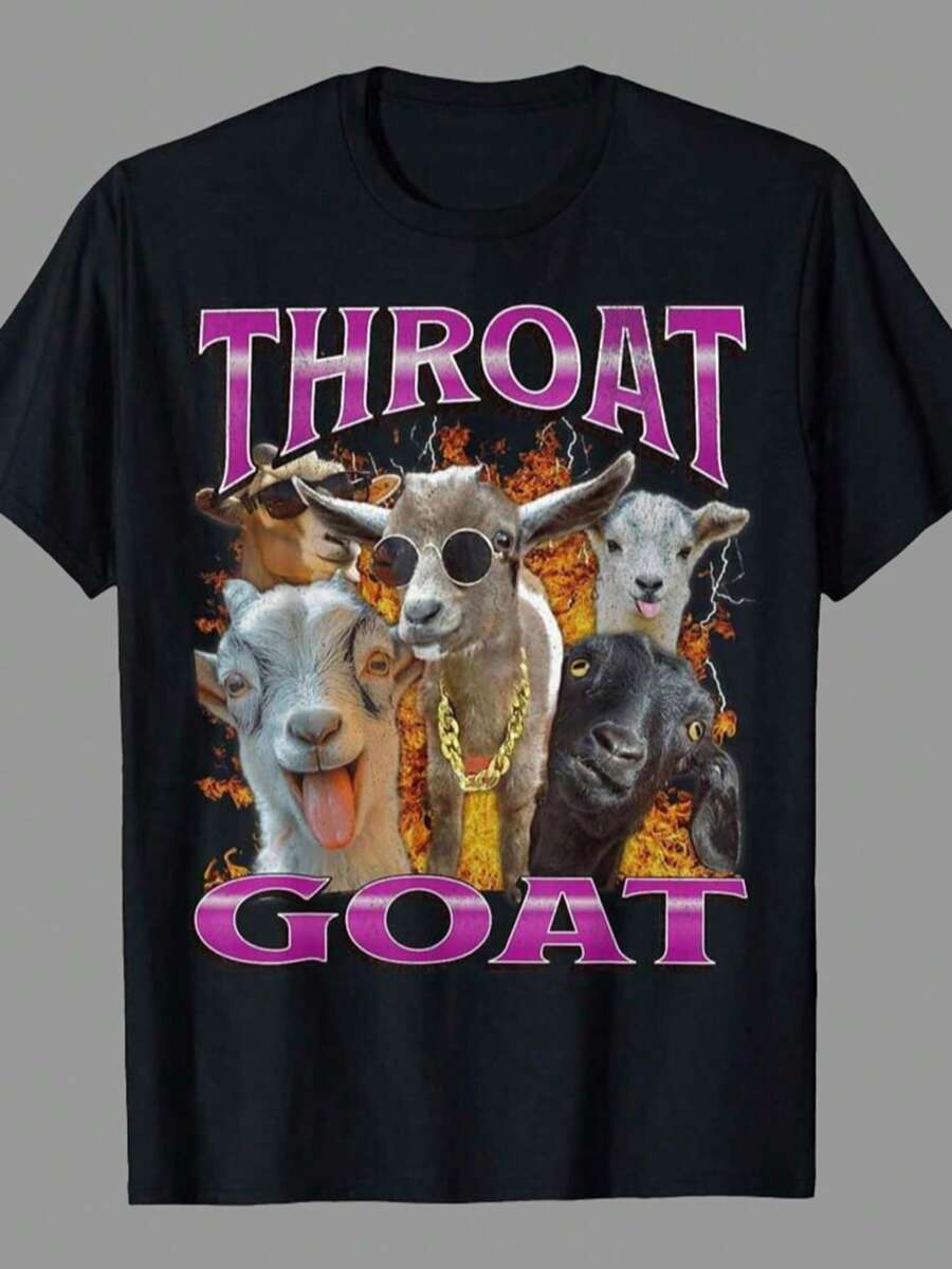 Shwiy Funny 'Throat Goat' Y2K Graphic T-Shirt - Offensive Adult Humor, Short Sleeve, Black Casual Knit Meme Print Tee With Bold Purple Lettering & Playful Goat Design, T-Shirt Playful Design Glossy Fabric,Disfraz De Halloween Hombre,Men Fall Clothes,Y2K,Nightmare Before Christmas,Father's Day Gift,World Cup Soccer 2026,Fourth Of July,Country Concert Outfit,Gym Clothes Men,Couple Matching Outfits Vacation - màu đen - Xem 1