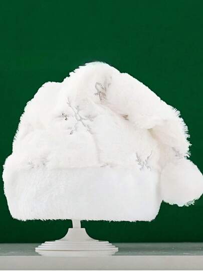 1pc White Snowflake Christmas Hat, Luxury Plush Sequin Embroidered Gold/Silver Christmas Hat, Christmas Decoration, Christmas Party Supplies, Christmas Costume Accessories