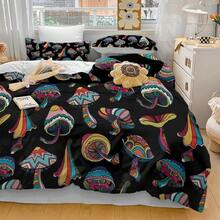 Colorful Mushroom Comforter Set - Black Aesthetic Hippie Theme Cartoon Bedding (Twin, 1 Comforter 2 Pillow Shams),23456157 - 鏽棕色 - 查看 1