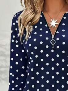 Camiseta estampada de moda para mujer, top de manga larga con cuello en V casual, diseño con cremallera, cómodo y elegante, lavable a máquina - adecuado para uso diario y ropa de estar en casa, ropa de mujer