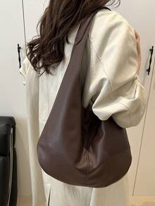 Sac à épaule/cabas en PU de couleur unie pour femmes, grande capacité - Café - Voir 3