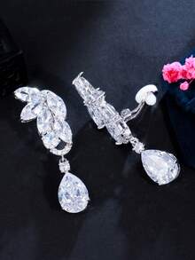 1 Pair Silver Plated Non-Pierced Clip-On Long Drop Earrings With White & Blue Cubic Zirconia Symmetrical Flower & Leaf Zirconia Crystals, Bridal Jewelry For Engagement, Wedding, Banquet, Pageant, Party, Prom For Women Without Pierced Ears - 1 Pair Clip On Earrings - View 14