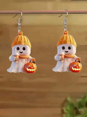1 Pair Acrylic Flat Pumpkin & Ghost Design Bubble Tea Cup Earrings, Halloween Holiday Gift
