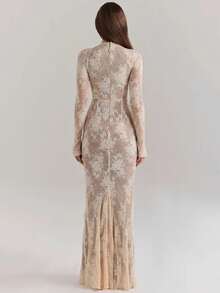 Mozision Lace Print Long Sleeve Sexy Maxi Dress For Women White Zipper Half High Collar Bodycon Fashion Elegant Long Dress - 白色 - 查看 4