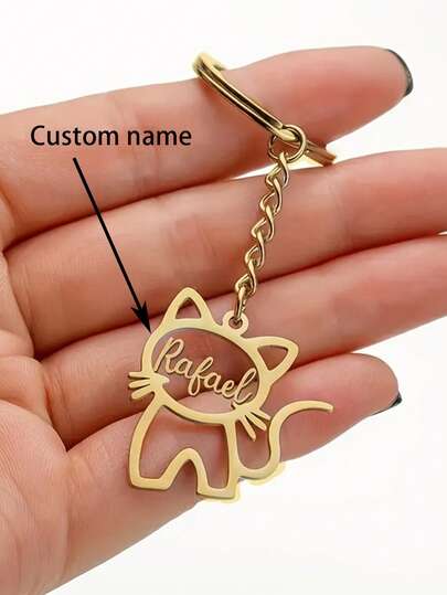 1 PIEZA Llavero personalizado de acero inoxidable con nombre de gato, diseño de gatito lindo, joyería de moda duradera, regalo personalizable, regalo para novio, regalo de Navidad personalizado, regalo de Halloween, regalo de aniversario, regalo de cumpleaños para mujeres o regalo del Día de la Madre para amantes de los gatos, joyería de gato, accesorios juguetones, regalo personalizado