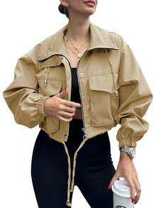 Womens Cropped Zip Up Lightweight Oversized Utility Anorak Coat With Pockets, Style EBU0 - Dark Khaki - View 6