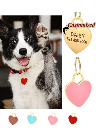 Customized Heart-Shaped Pet ID Tag, Solid Color Pet Collar Tag, Engravable, Anti-Lost, Suitable For Dogs And Cats, Holiday Style, Heart-Shaped Pendant, Valentine's Day Gift, Heart-Shaped Pet Tag