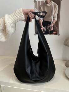 حقيبة كتف/حقيبة يد نسائية من جلد البولي يوريثان ذات لون أحادي، سعة كبيرة، موضة