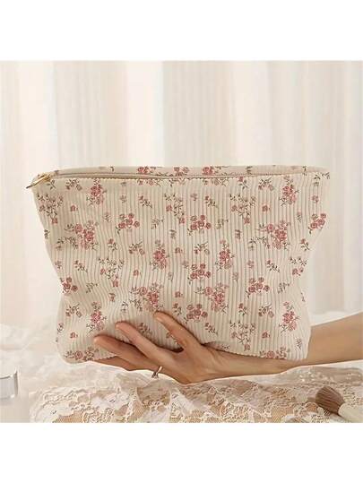 Borsa cosmetica floreale rosa in velluto a coste, organizer per il trucco con cerniera, leggera e portatile, borsa da viaggio per cosmetici da donna