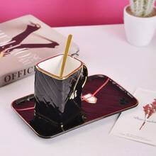 Unique Ceramic Pink Blue Coffee Mug Cup And Saucer Set And Spoon Cute Fancy Girly Afternoon Tea Set Purse Gift 10 Oz/300 Ml Black