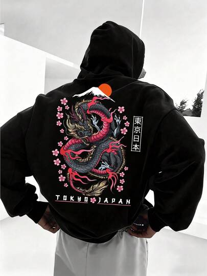 1pc Men's Japanese Ukiyo-E Tokyo Dragon Print Hoodie Sweatshirt, Vintage Loose Casual Pullover, Autumn/Winter