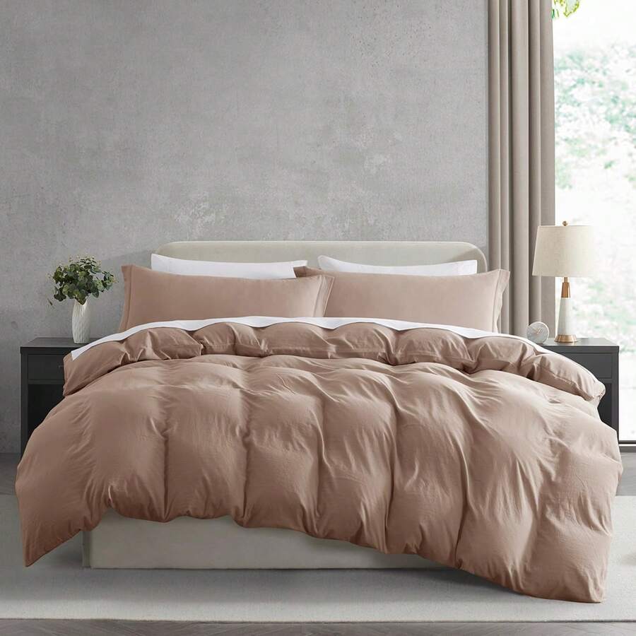 Soft Prewashed California King Duvet Cover Set, 3 Piece, Zipper Closure, 104x98 Inches Duvet Cover And 2 Pillow Shams - No Comforter, In 2025 - Khaki (No Comforter) - View 1