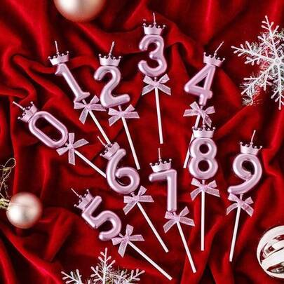 1pc 0-9 Creative Pink Crown Bow Ribbon Number Candle, Birthday Cake Decor Insert, Birthday Party Box Set - Slim Cake Candle, Slow Burning Candle, Smokeless Candle