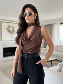 LI STORES Blusa Feminina elegante decote CHOKER Liso Marrom solido Premium Moda Casual Básica chique. - Chocolate - Visão 2
