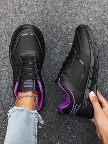 女款防水輕便低幫鞋,皮革面料,圓頭,黑紫色,秋季休閒風格