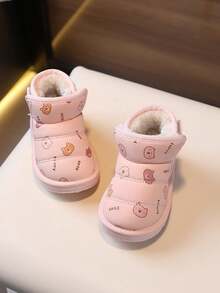 1 Pair Kids Cartoon Pattern Synthetic Leather Warm Hook And Loop Low-Top Flat Cute Children Winter Shoes, Suitable For Autumn/Winter Daily Wear, Playing And Outings