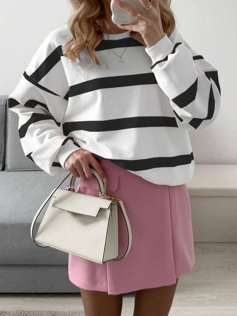 Sudadera casual de mujer de manga larga con rayas rosas, otoño