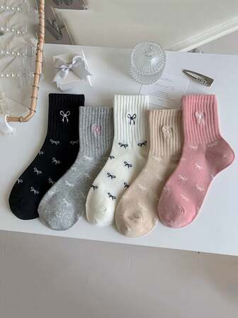 5 pares de calcetines suaves y dulces con lunares y lazos, transpirables y duraderos, de estilo japonés versátil para niñas, para primavera/otoño