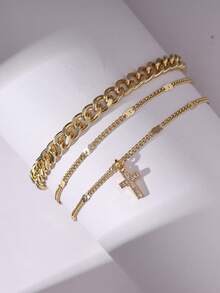 Tkool Bộ 3 chiếc/Bộ hạt đồng cổ điển và mặt dây chuyền thánh giá, trang sức chân thiết kế thánh giá nhiều lớp sáng tạo cho nữ (Số lượng và khoảng cách được giao ngẫu nhiên) - Vàng - Xem 2