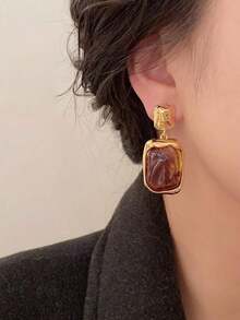 1 Pair Metal & Amber Geometric Exaggerated Retro Earrings For Women, Fashion Party Personalized Eardrops - 金子 - 查看 4