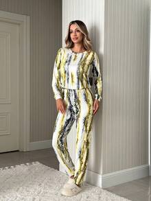 YELLOW COLOR Patterned Women's Pajama Set - Yellow - View 2