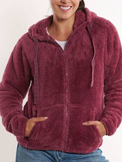 Chamarra peluchito con capucha, cremallera, cordón y bolsillos para mujer, colores, abrigadora