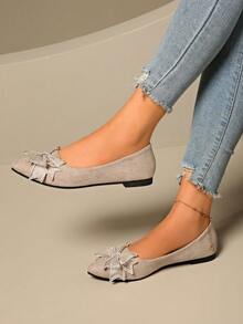 Giày bệt mũi nhọn được khuyến nghị tăng 0,5 cỡ, Giày bệt mũi nhọn/tròn đính đá lấp lánh cho nữ - Nhẹ và thoải mái, Đa năng cho mọi mùa, Thanh lịch và quyến rũ, Trang trí đá lấp lánh - Màu be - Xem 5