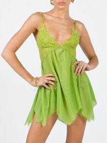 Women Fairy Lace Dress Spaghetti Strap Mesh Mini Dress Tinker Costume Bell Halloween Sleeveless Slip Backless Lace Trim Nightgown Lingerie - 綠色 - 查看 5