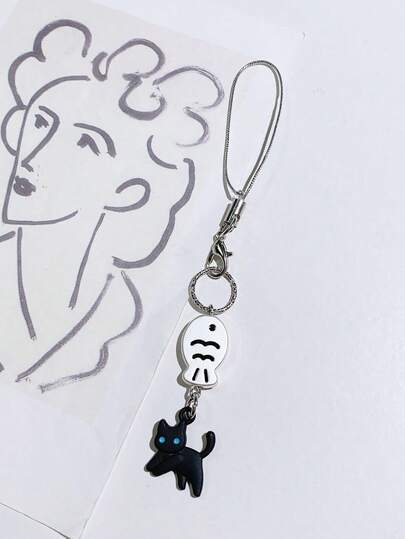 1pc Versatile Cat & Fish Cartoon Phone Lanyard, Keychain, Keyring, Bag Charm, Couple Accessory