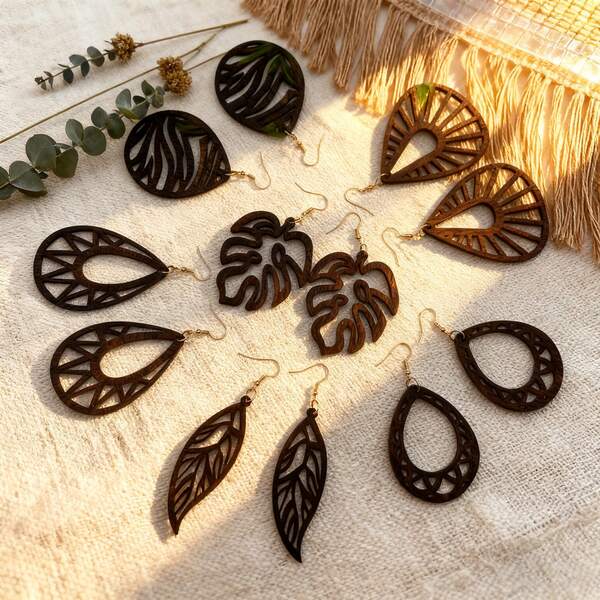 6 أزواج/مجموعة من الأقراط المعلقة الخشبية المنقوشة بطراز بوهيمي عتيق للنساء، إكسسوارات مجوهرات عصرية مناسبة للاستخدام اليومي والعطلات والحفلات في جميع المواسم