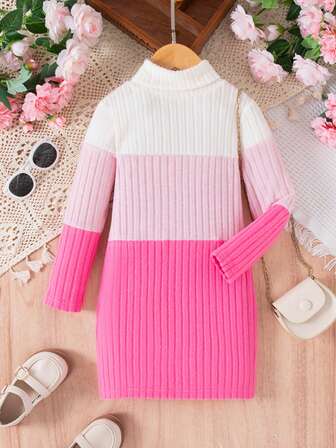 فستان كاجوال بياقة عالية وأكمام طويلة بتباين الألوان وتفاصيل مرنة للفتيات الصغيرات