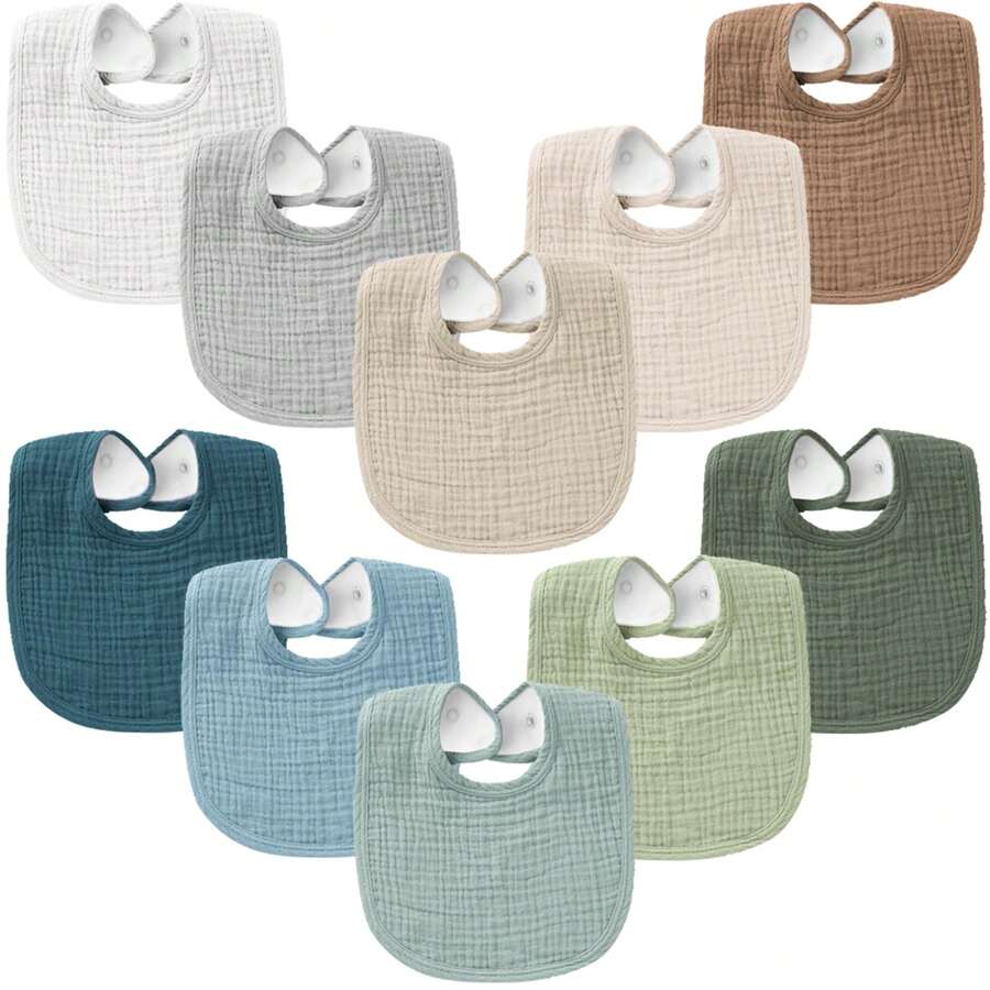 10-Pack Muslin Baby Bibs, Soft Cotton Bandana Bibs For Drooling & Teething, Unisex Solid Colors For Boys & Girls, Newborn & Infant - 10色 - 查看 1