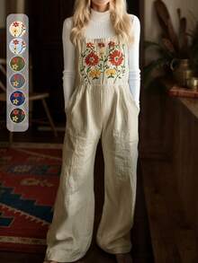 Embroidery Sleeveless Overall With Pockets, Fall/WinterOutfits For Women, Vacation/Casual