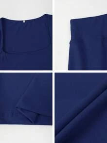 Women's Fall Women Clothes Square Neck Long Sleeved Ultra Short Top Tight Short Casual Sports Set, Suitable For Sports, Home, And Fitness Tracksuit - Navy Blue - View 11