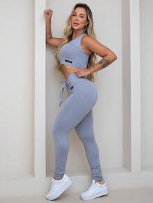 Women's Butt Lifting Top And Leggings Set ZERO TRANSPARENCY Gym - 淺灰色 - 查看 5
