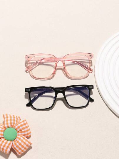 2 PCS Boys And Girls 6-12 Years Old Acrylic Casual Basic Square Frame Fashion Solid Color Blue Light Blocking Glasses Suitable For Daily Reading And School Life Outfit Matching