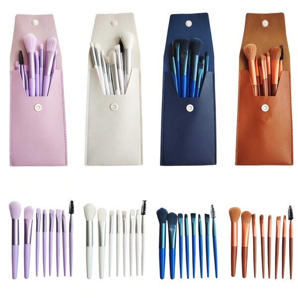 8 قطع مجموعة فرش مكياج محمولة مع حافظة، مناسبة لظلال العيون والأساس والكونسيلر وبلسم الشفاه والأحمر، هدية رائعة للأصدقاء والسفر والخارج، هدية عيد الميلاد