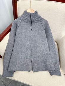 Wixra Korean Loose Knit Cardigan, Stand Collar Raglan Sleeve, Two-Way Zipper Design, Solid Color, Collegiate Style, Essential For Layering In Autumn/Winter