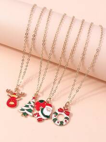4pcs Minimalist Fashion Santa Claus, Christmas Tree Necklace Set, Suitable For Women's Daily Wear, Reindeer Wreath Choker Necklace