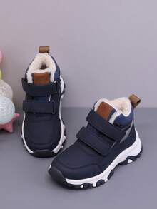 1 双儿童简约百搭保暖毛绒雪地靴，女童时尚百搭防滑户外靴，男童个性化休闲运动靴 - 藏蓝色 - 查看 5