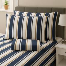 Double Sheet Set With Elastic, 3 Pieces, 100% Cotton, Pillowcase With Stick Stitch Detail, Printed Bed Linens - Blue Striped - View 2